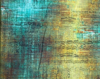 May include: Fabric with a distressed appearance, featuring a blend of teal, brown, and yellow hues. The design incorporates musical notes, script, and the words "Piano Sorte" and "G. Kiallmar". A ruler is placed at the bottom, showing measurements in inches.