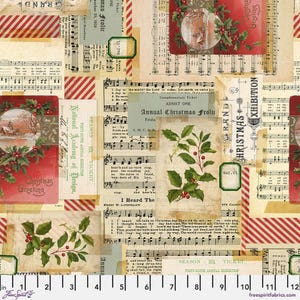 May include: A collage of vintage Christmas-themed ephemera. The design features sheet music, holiday greetings, holly sprigs, and ticket stubs. Red and white striped accents and a winter landscape add to the festive feel.