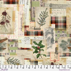 May include: A collage-style fabric design featuring vintage ephemera, including ledger pages, plaid patterns, botanical illustrations, and old labels. The color palette includes beige, red, green, and brown tones. The design incorporates pinecones, holly, and sprigs.