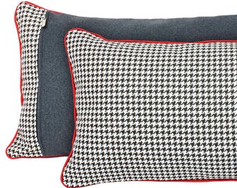 Black and white houndstooth pillow, houndstooth cushion, contrasting red piping, black and white pillow, decorative pillow, black white red