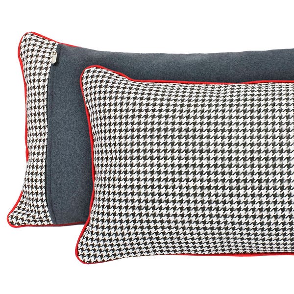 Black and white houndstooth pillow, houndstooth cushion, contrasting red piping, black and white pillow, decorative pillow, black white red