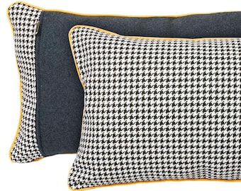 Noir et blanc houndstooth oreiller tuyauterie jaune, oreiller noir et blanc, jacquard houndstooth couverture d’oreiller, oreiller de jet, oreiller décoratif