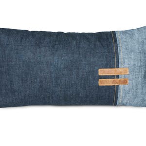 Denim throw pillow, jeans cushion, mens pillow, jeans with leather, 30x60 pillowcase, jeans pillow, denim pillow, modern decorative pillow image 1