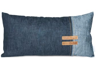 Denim throw pillow, jeans cushion, mens pillow, jeans with leather, 30x60 pillowcase, jeans pillow, denim pillow, modern decorative pillow