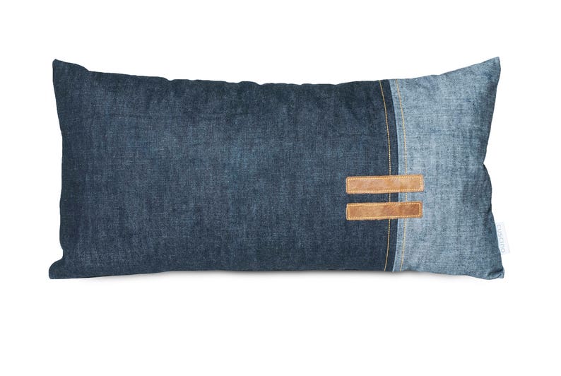 Denim throw pillow, jeans cushion, mens pillow, jeans with leather, 30x60 pillowcase, jeans pillow, denim pillow, modern decorative pillow image 1