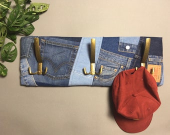 Denim wall mount coat rack, entryway organizer, clothes rack, upcycled denim, coat hooks, wall coat rack, coat hanger, clothing rack