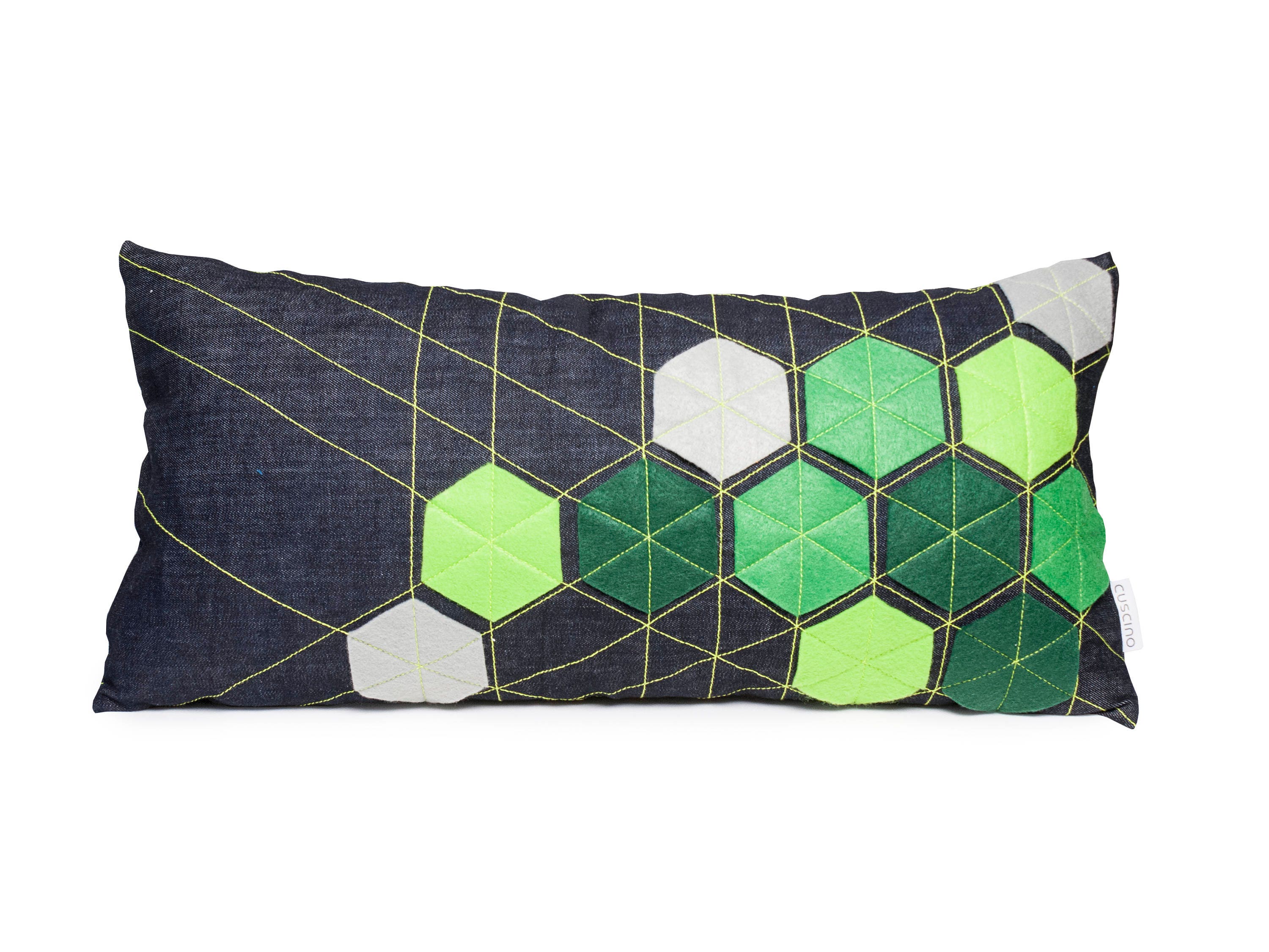 Coussin en Jean avec Vert Hexagonal Feutre Applications, Coussin, Coussin Vert, Décoratif, Décoratio