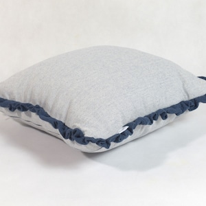 Pale blue pillow with decorative navy blue flax flounces, Light blue throw pillow, blue cushion with linen frill, decorative blue pillow