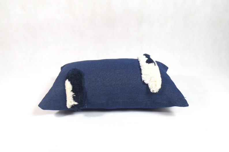May include: A navy blue rectangular pillow with white and black fringe details.