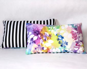 Cushion cover with colourful flowers and black and white stripes, floral pattern pillowcase, colorful throw pillow, flower decorative pillow