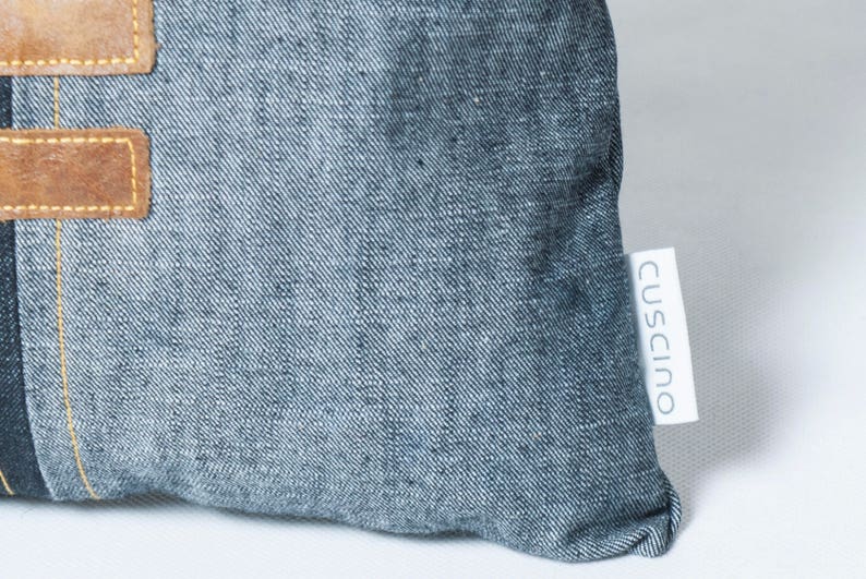 Denim throw pillow, jeans cushion, mens pillow, jeans with leather, 30x60 pillowcase, jeans pillow, denim pillow, modern decorative pillow image 2