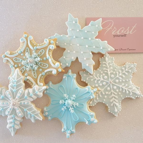 Decorated Christmas Cookies Snowflakes Blues and Silver ~1 Dozen by Frost Yourself Cookies~