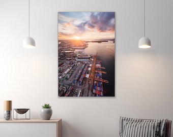 Vancouver Skyline Centerm Container Terminal Sunset - Aerial Photography (Metal & Bamboo Prints)