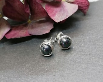 Pendientes de perlas de concha violeta gris, plata 935