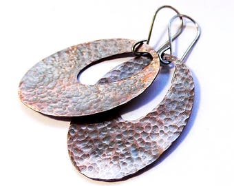 Earrings large copper ovals hammered, oxidized 935 silver ear hooks