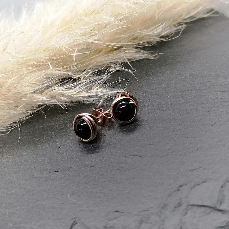 Onyx stud earrings rose gold filled gemstone stud earrings small black pearl stud earrings gift for her image 1