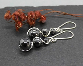 Earring triple hematite 935 silver, gemstone earrings black, wire wrapping, gift for her