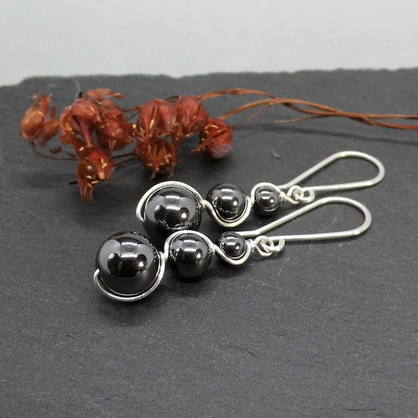 Earring triple hematite 935 silver, gemstone earrings black, wire wrapping, gift for her