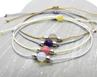 Gemstone bead bracelet 925 silver - gray agate, amethyst, strawberry quartz, moonstone - strap colors selectable - gift for her