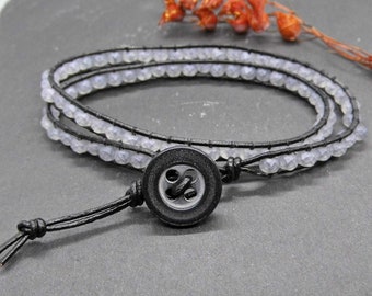 Wrap bracelet with glass beads - gray black - black button closure with silver shimmer - leather wrap bracelet black-grey