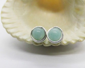 Pendientes mini amazonita de plata 935 • pendientes pequeños de perla amazonita • pendientes de piedra preciosa azul-verde -
