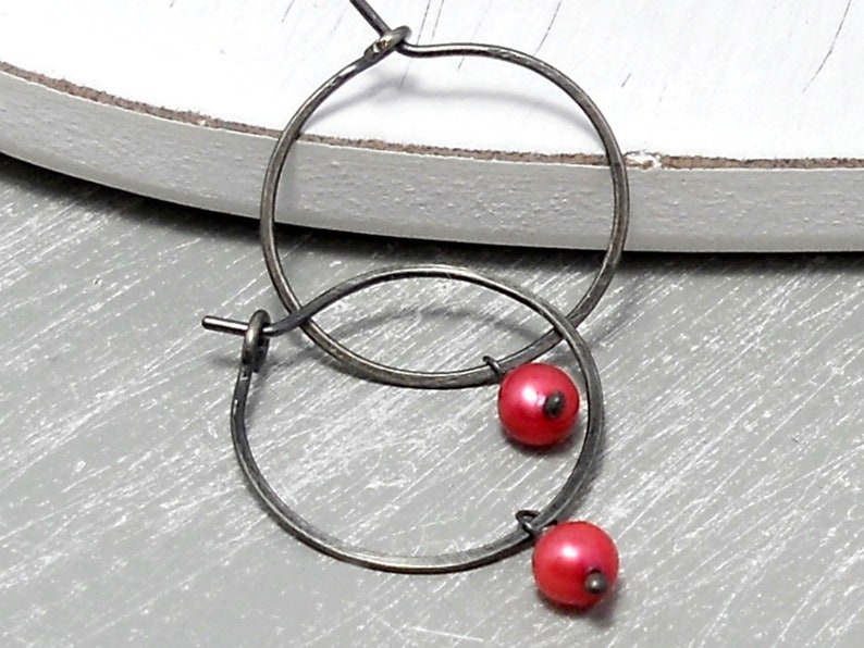 935 silver hoop earrings hoops red freshwater pearls, hoop earrings for her, hoop earrings with pendant, creole silver, earrings creole black image 3