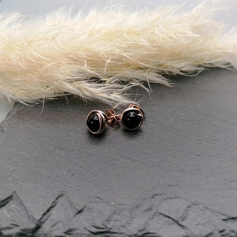 Onyx stud earrings rose gold filled gemstone stud earrings small black pearl stud earrings gift for her image 3