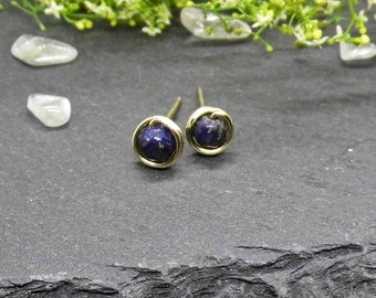 Mini clous d'oreilles lapis lazuli perles 4 mm gold filled - clous d'oreilles pierres gemmes or bleu - petits clous d'oreilles gold filled lapis lazuli - cadeau