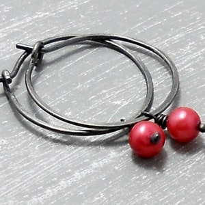 935 silver hoop earrings hoops red freshwater pearls, hoop earrings for her, hoop earrings with pendant, creole silver, earrings creole black image 1