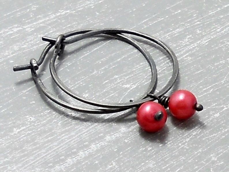 935 silver hoop earrings hoops red freshwater pearls, hoop earrings for her, hoop earrings with pendant, creole silver, earrings creole black image 1