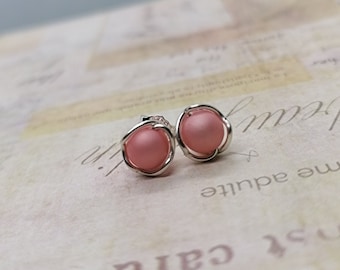 Stud earrings pink cherry blossom, 935 silver stud earrings, wire wrapping stud earrings pink, small stud earrings, gift for her