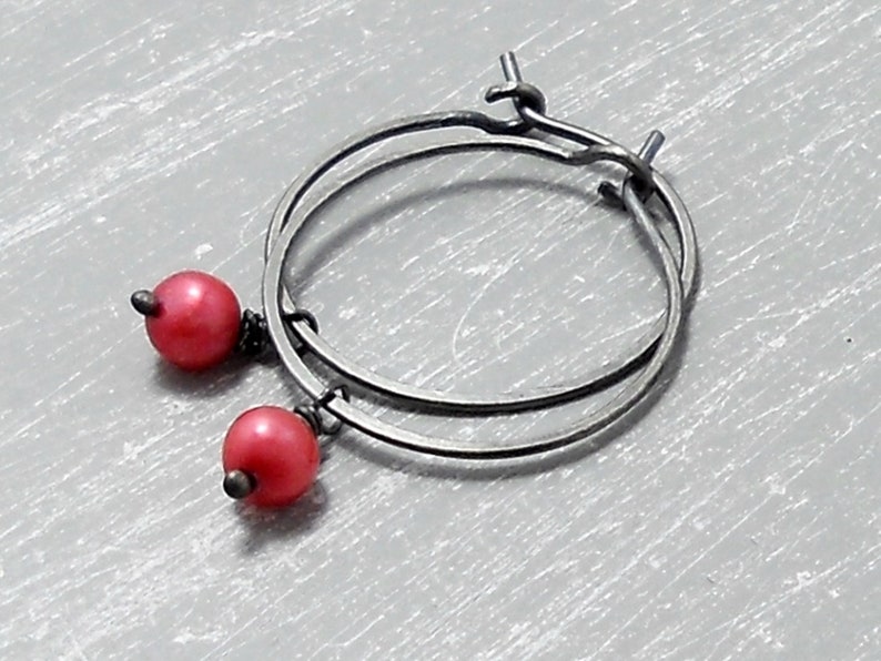 935 silver hoop earrings hoops red freshwater pearls, hoop earrings for her, hoop earrings with pendant, creole silver, earrings creole black image 2