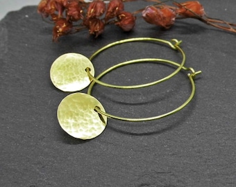 Hoop Earrings with Hammered Brass Plates • 3 cm • Gold-colored Dainty Women's Hoop Earrings • Gift for Her