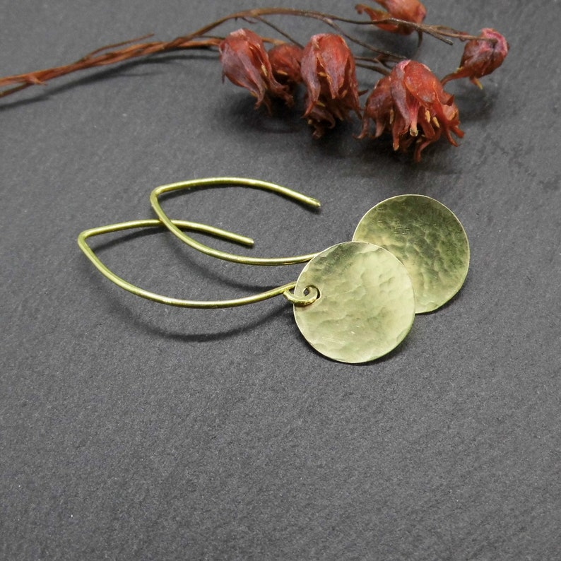 Earrings gold-colored hammered discs 12 mm discs elegant brass women's earrings image 1