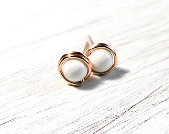 Studs Rose Goldfilled white, mini howlite studs white Rose Goldfilled, delicate gemstone studs rose gold, gift for her