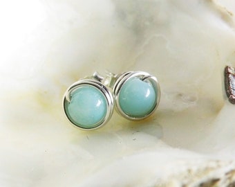 Boucles d'oreilles Amazonite • Argent 935 • Perles d'Amazonite de 6 mm • Bijoux d'oreille minimalistes avec pierres précieuses • Boucles d'oreilles en argent avec Amazonite