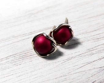 Pendientes de botón "flor de rosa" rojo oscuro, pendientes de plata, plata 935, pendientes hechos a mano