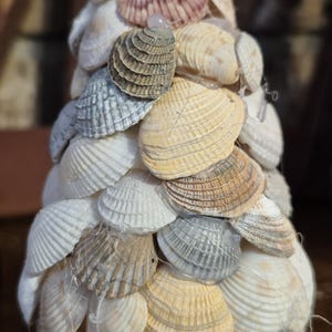 May include: A decorative tree sculpture made from assorted seashells. The shells are in shades of white, cream, grey, and a hint of pink, arranged in a conical form. A unique coastal-themed home decor item.