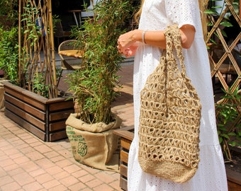 Crochet jute string bag, handmade crochet natural jute grocery bag, eco friendly tote bag for for products or things