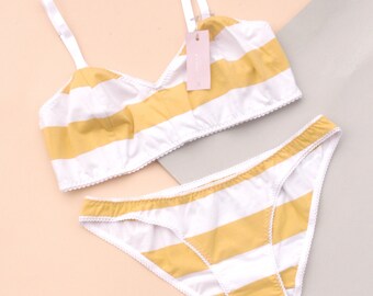 White and yellow cotton lingerie set / Comfortable organic cotton underwear set / Cotton low rise panties / Cotton high waisted panties /