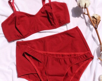 Cherry red cotton underwear set for women / Organic cotton wireless  bralette / Cherry red cotton lingerie set / Cotton bralette high waisted