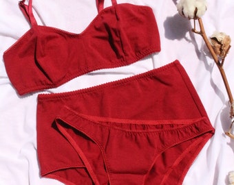 Conjunto de ropa interior de algodón rojo cereza para mujer