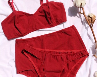 Ensemble de sous-vêtements en coton rouge cerise pour femme / Brassière sans armatures en coton bio / Ensemble de lingerie en coton rouge cerise / Brassière en coton taille haute