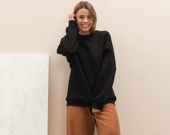 Schwarzes schlichtes Oversized Sweatshirt für Frauen, mehrfarbiges lässiges Crew Neck Sweatshirt