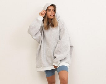 Melange plain oversized fleece hoodie with pockets, trendy casual pullover hoodie for woman