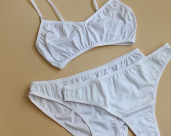 White Cotton Underwear Set For Woman, White Comfortable Cotton Lingerie, Cotton Bra And Panty Set