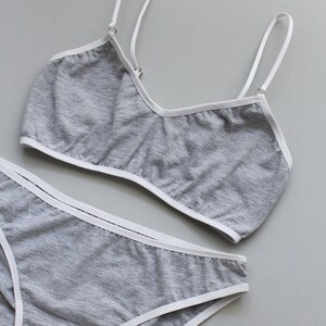 Gray cotton underwear set for woman, Gray cotton lingerie set bralette and low rise panties or thong panties