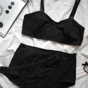 Black cotton lingerie set / Organic cotton wireless bralette / Comfortable woman's underwear / Cotton high waisted panties / Bra and panties image 6