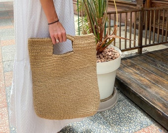 Rectangular Handmade Crochet Jute Tote Bag With Handles