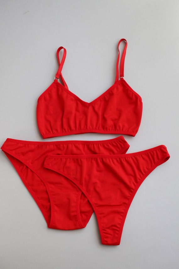 Red Cotton Lingerie Set, Basic Underwear Set for Woman Wireless Bra Thong  Panty Set 